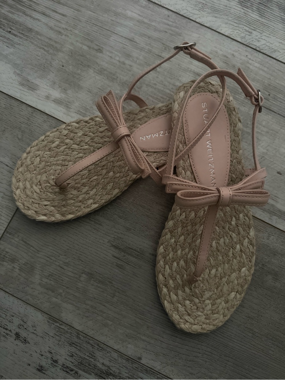 Stuart Weitzman Blush Bow Espadrille T-Strap Sandals Size 6.5 NWT